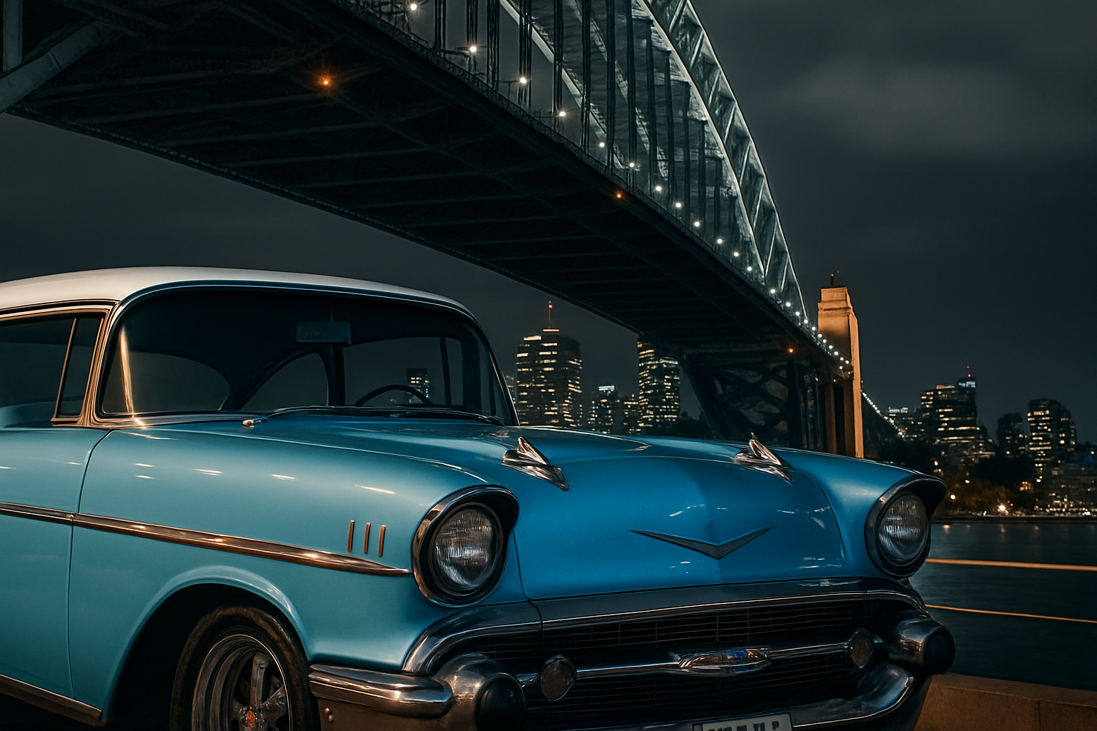 Classic Chevy under Sydney Harbour Bridge showcasing ceramic coated shine at night